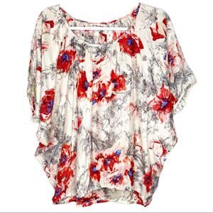 CAbi # 399 100% Silk Gypsy White Dolman Red Floral Blouse Small